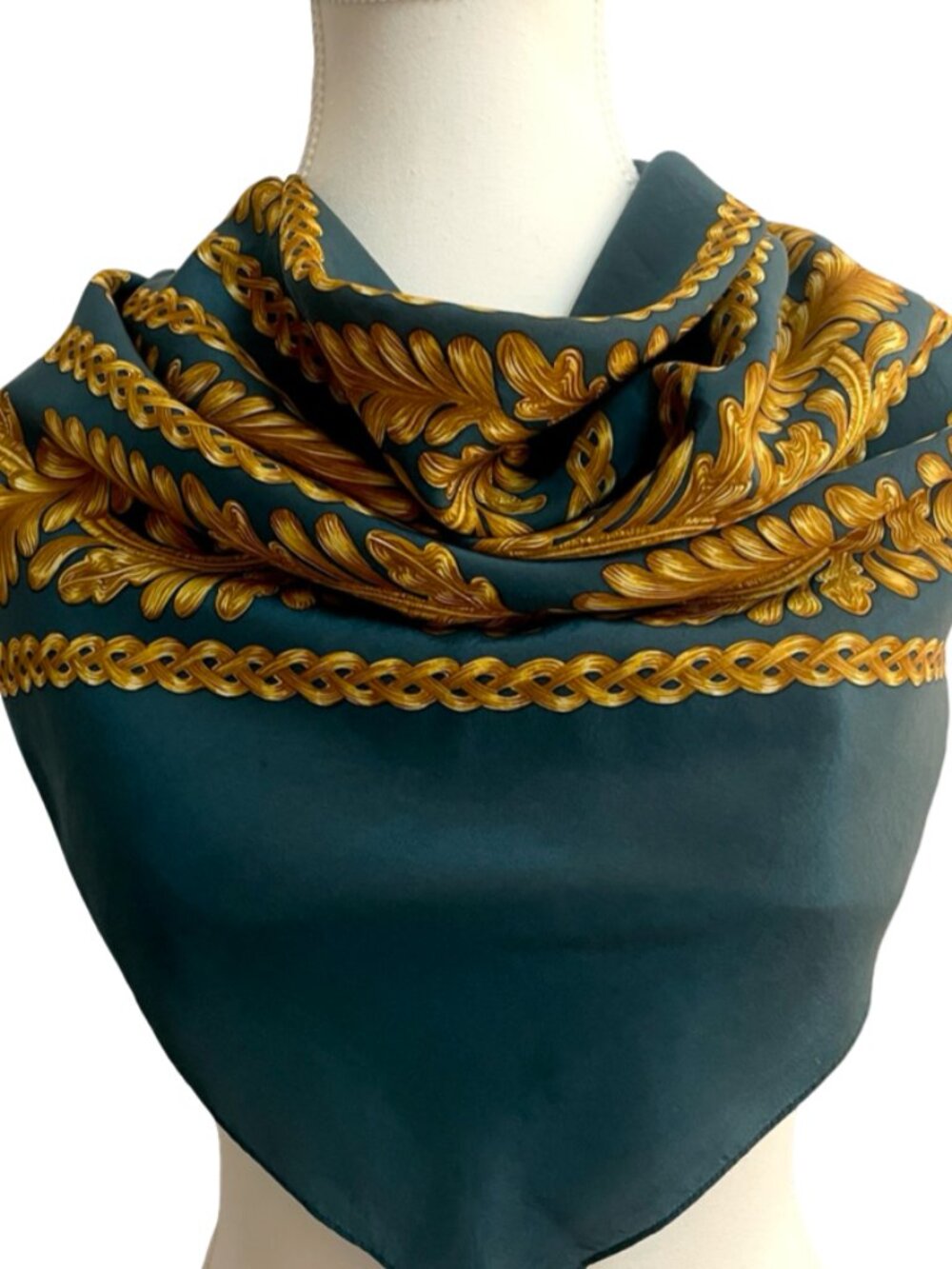 Vintage 100% Silk Scarf: Teal Baroque Leaf & Chain Design (35" x 35")